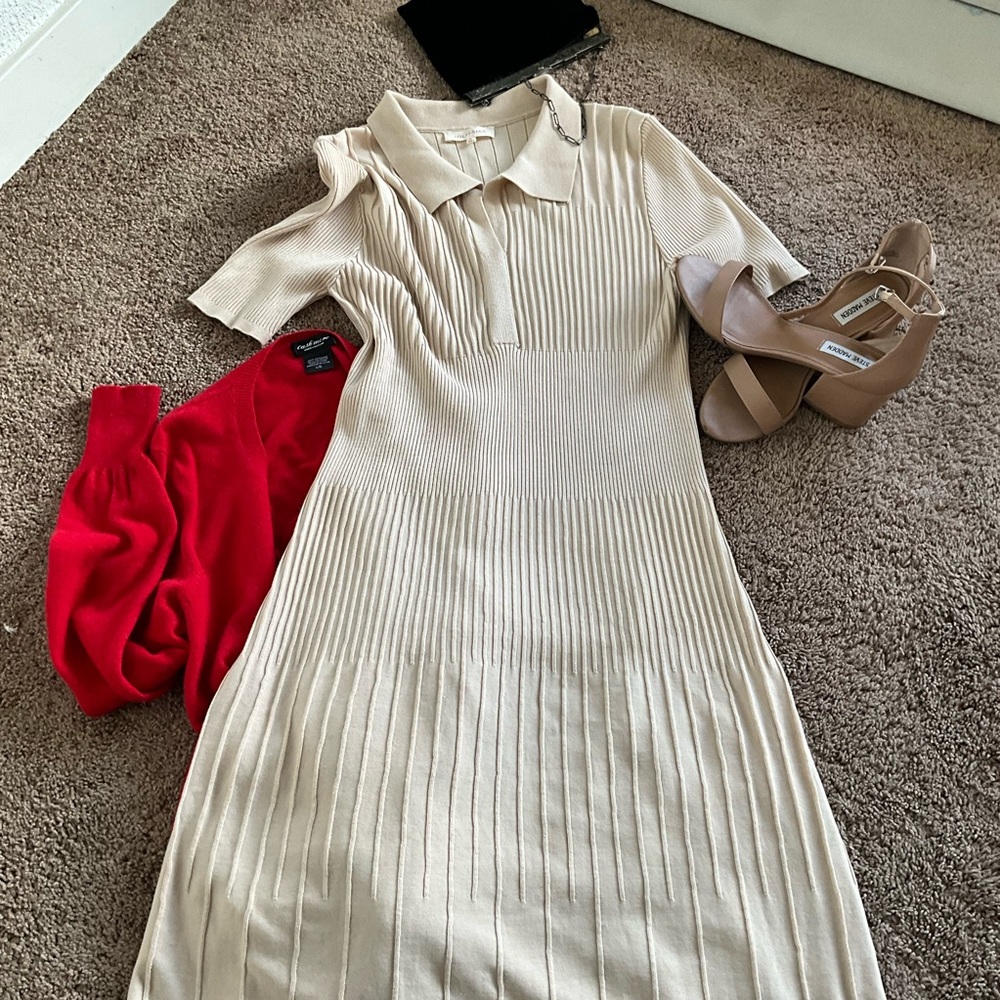 Ribbed Knit Collared Midi Dress Neutral Beige Stretch